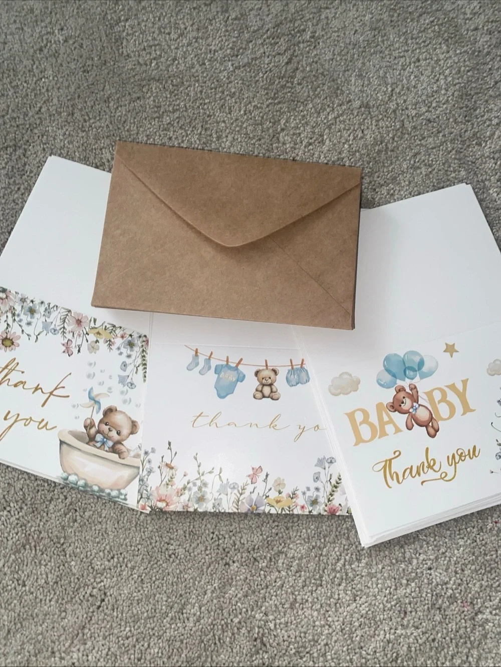 24 Baby Shower Thank‎ You Cards With Envelopes Teddy Bears Floral Brown Blue